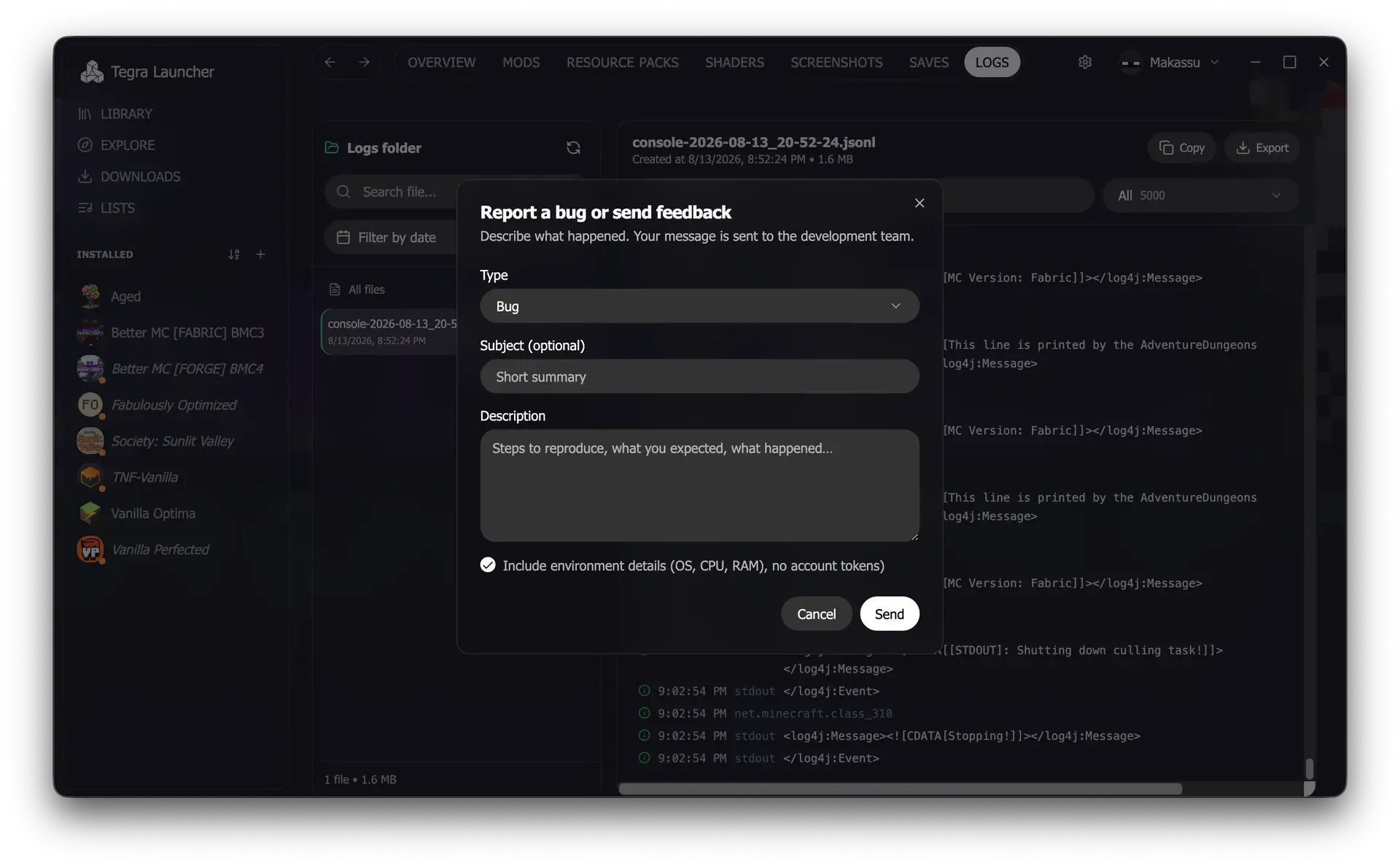 Janela Report a bug or send feedback com campos de tipo, assunto, descrição e detalhes do ambiente