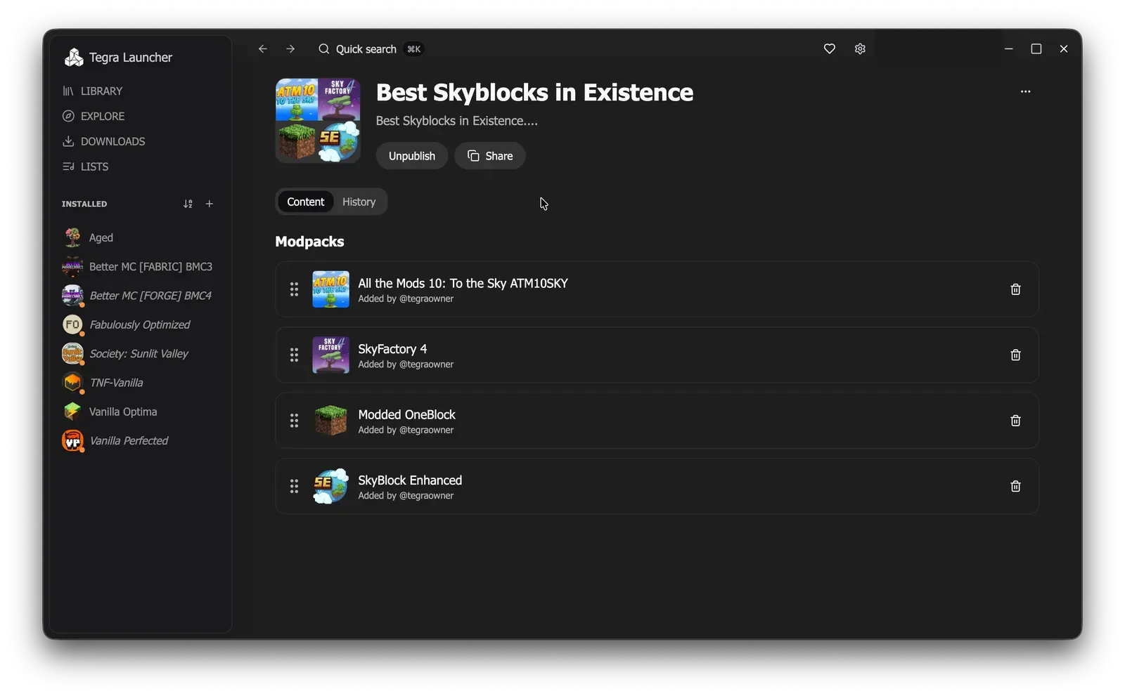 Content tab of a list with four modpacks and reorder handles