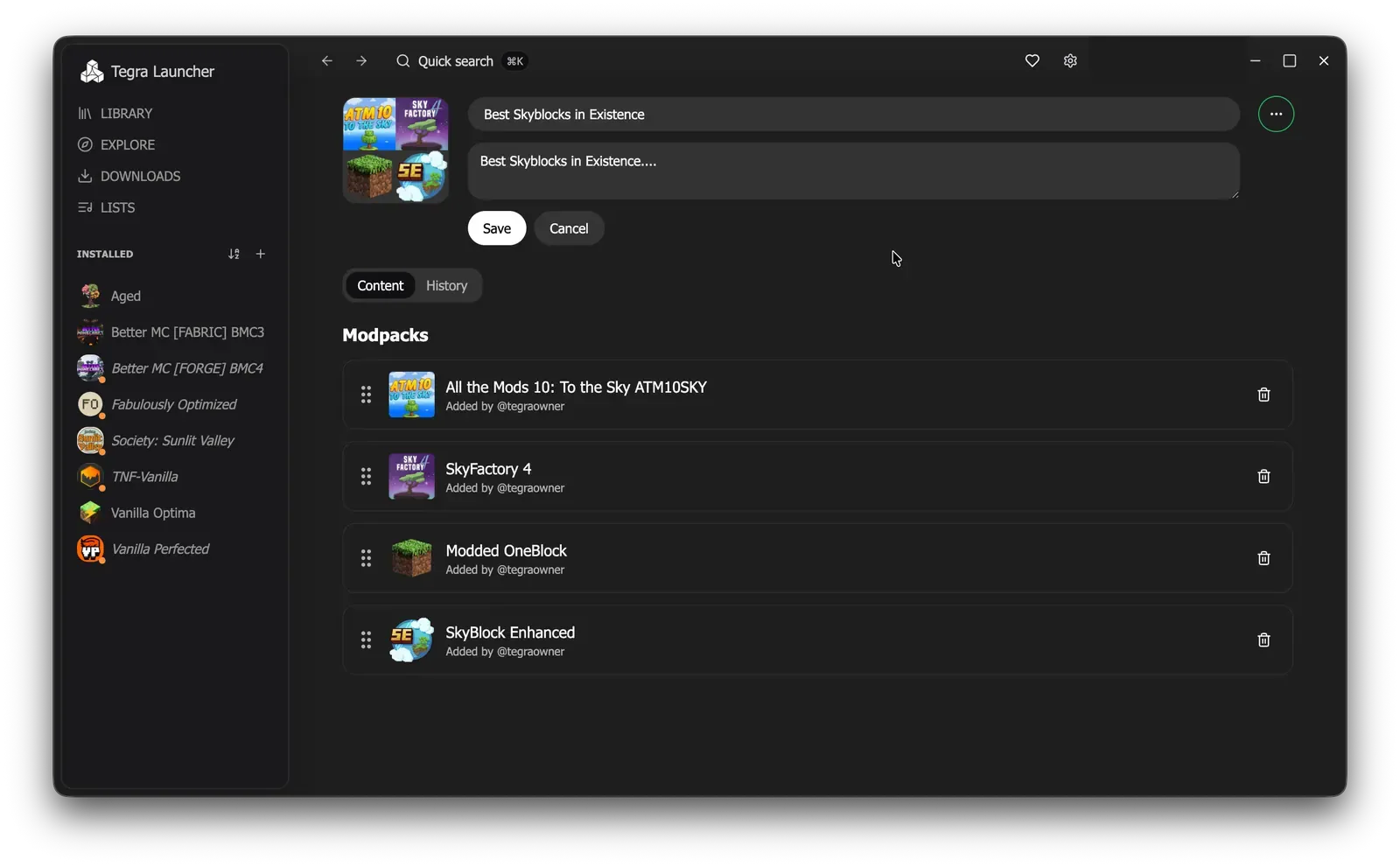 List with title and description fields enabled for editing
