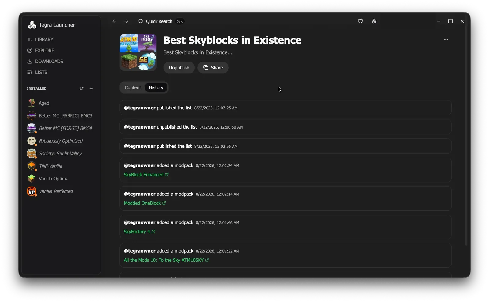 History tab of a list with a chronological sequence of changes