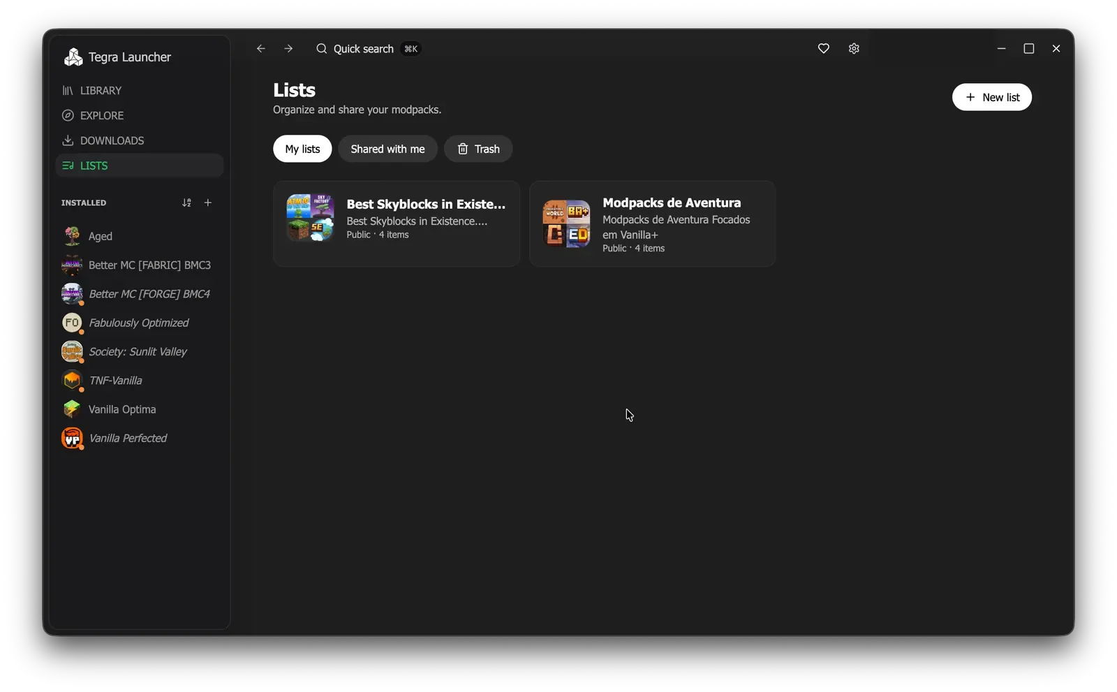 Tegra Lists page with My lists, Shared with me, and Trash tabs