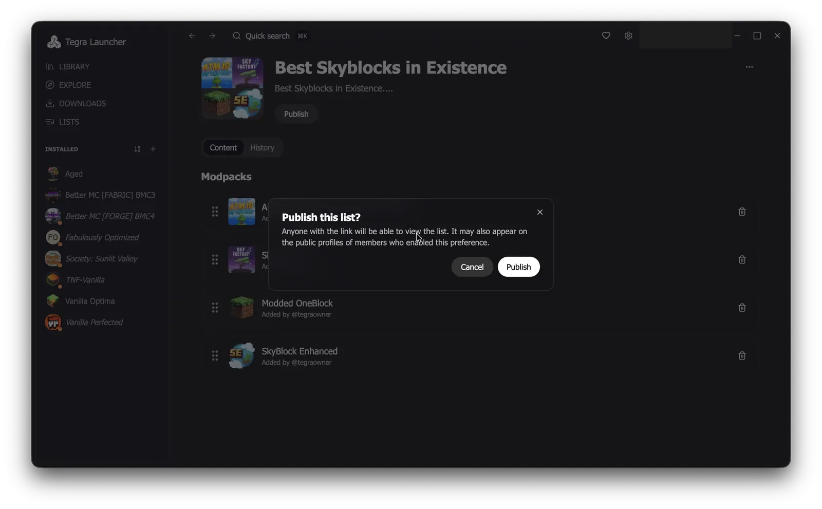 Confirmation dialog for publishing a list