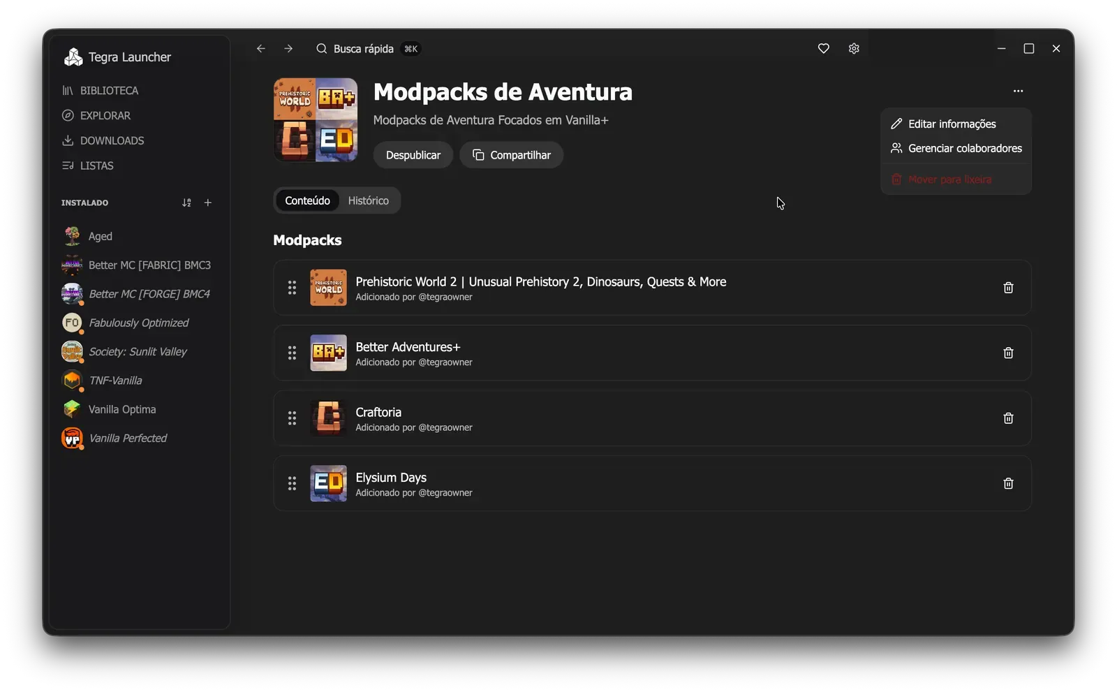 Menu de três pontos de uma lista com as opções Editar informações e Gerenciar colaboradores
