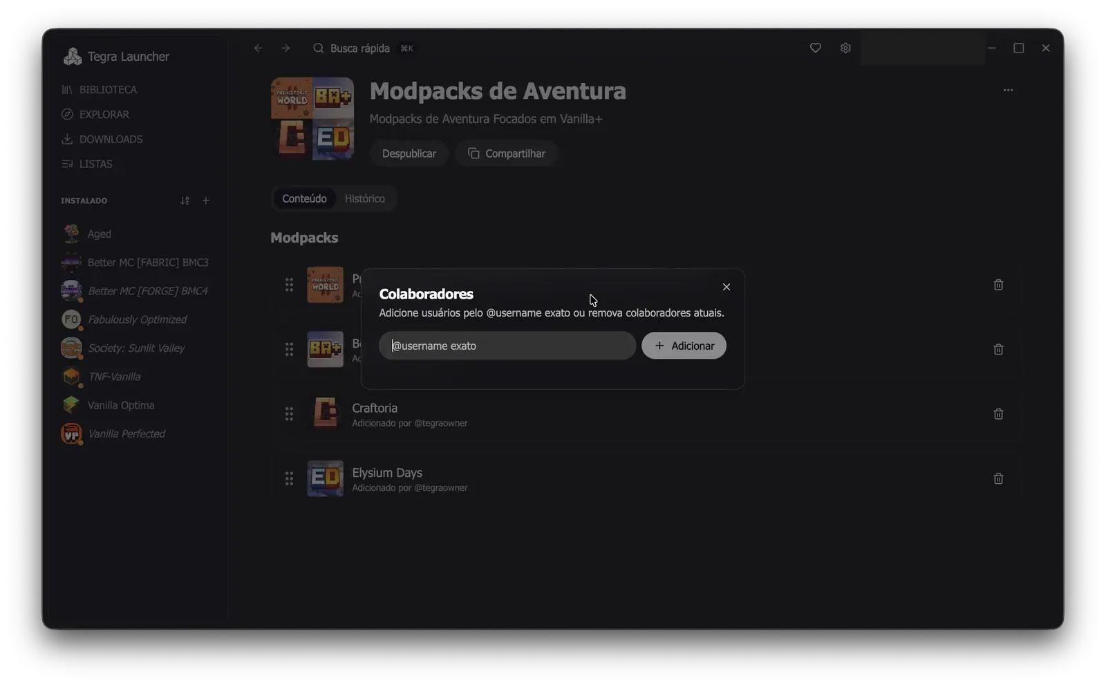 Janela Colaboradores com um campo para informar o nome de usuário