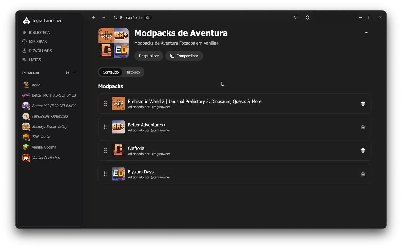 Aba Conteúdo de uma lista com quatro modpacks e alças de reordenação
