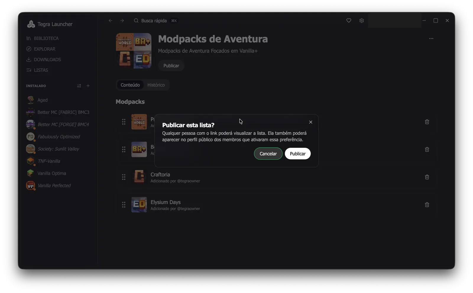 Janela de confirmação para publicar uma lista