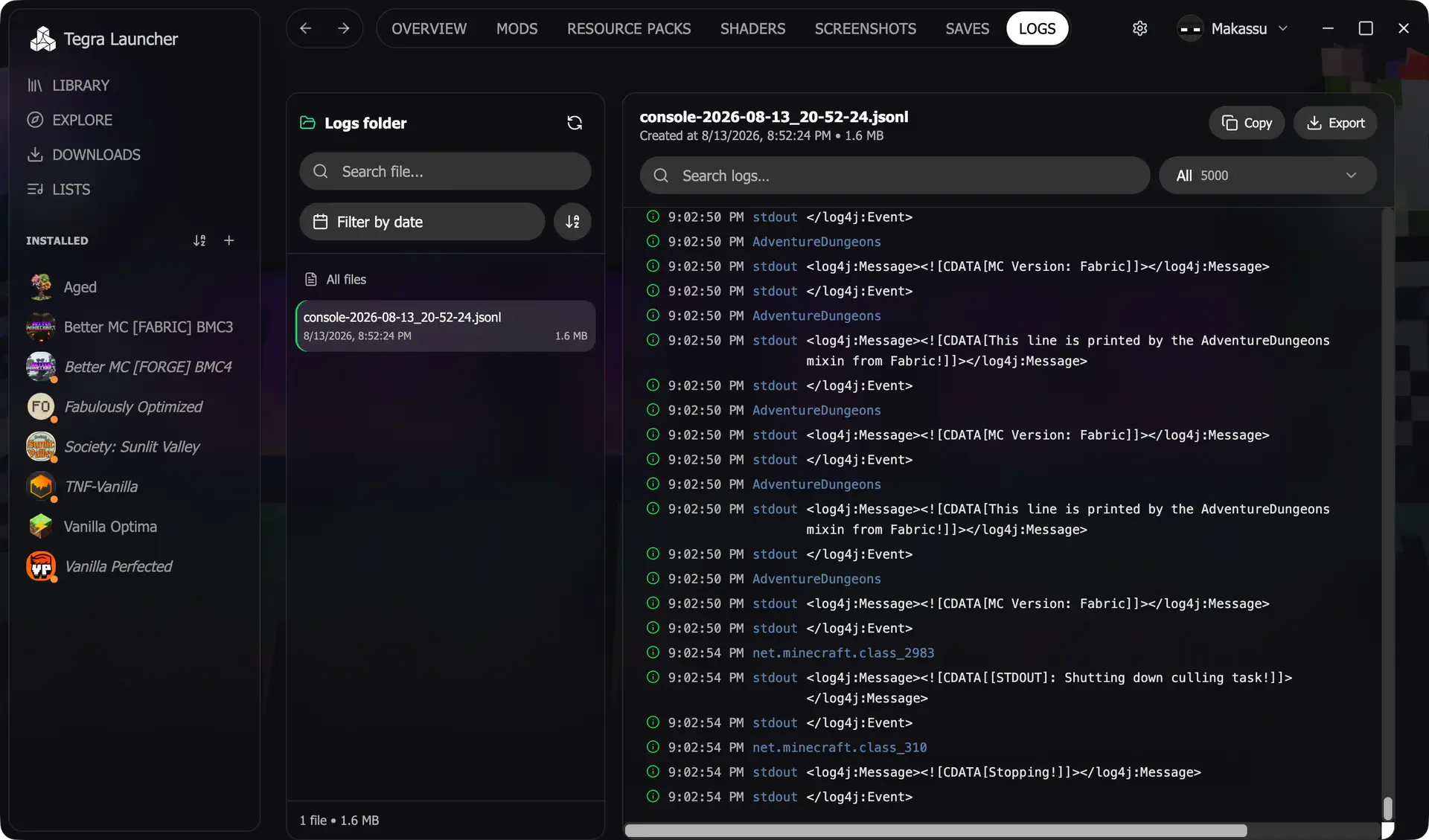 Aba Logs de uma instância com lista de arquivos, busca, filtro e ações Copy e Export