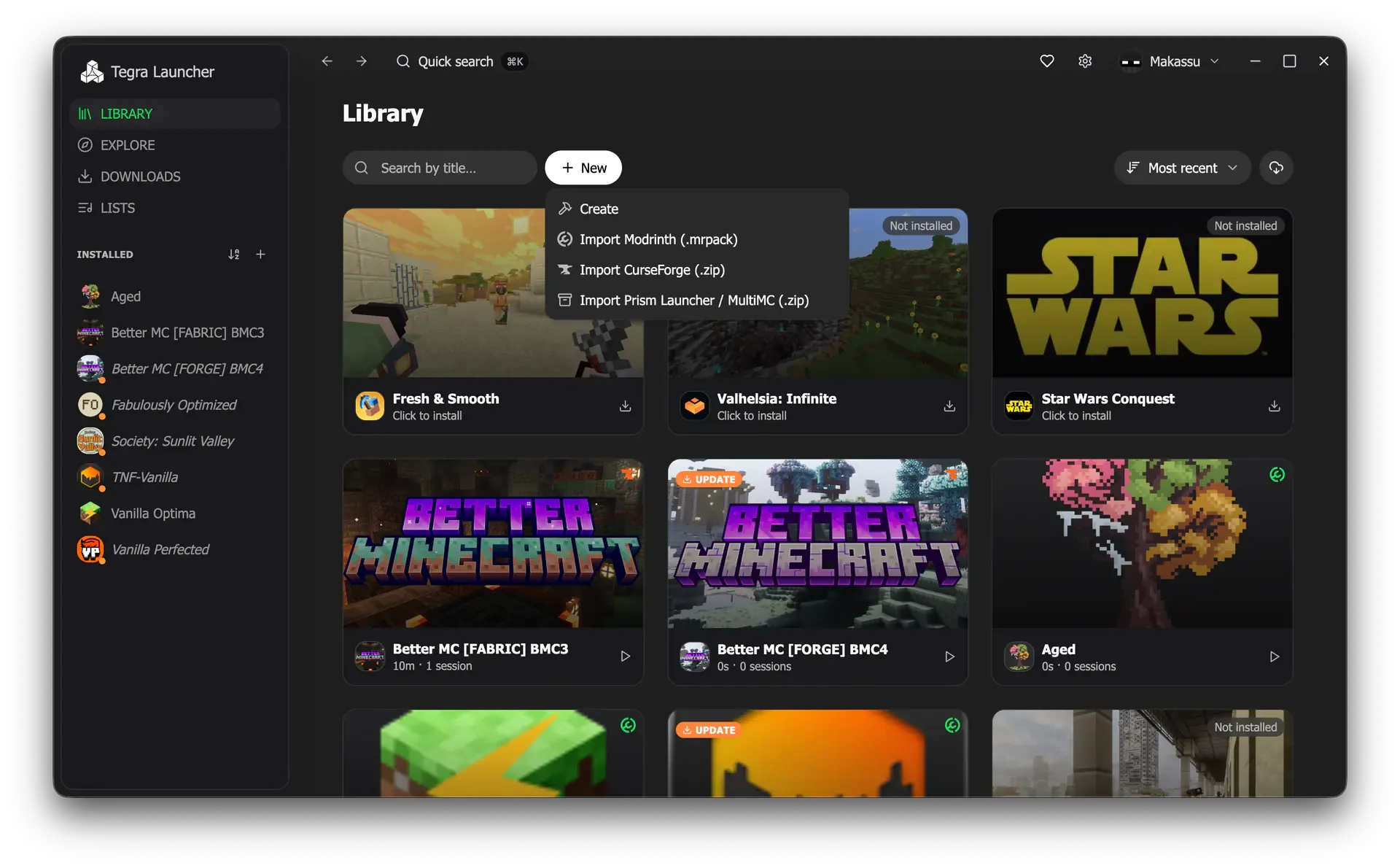 Menu Nova da Biblioteca com a opção Create e opções para importar modpacks