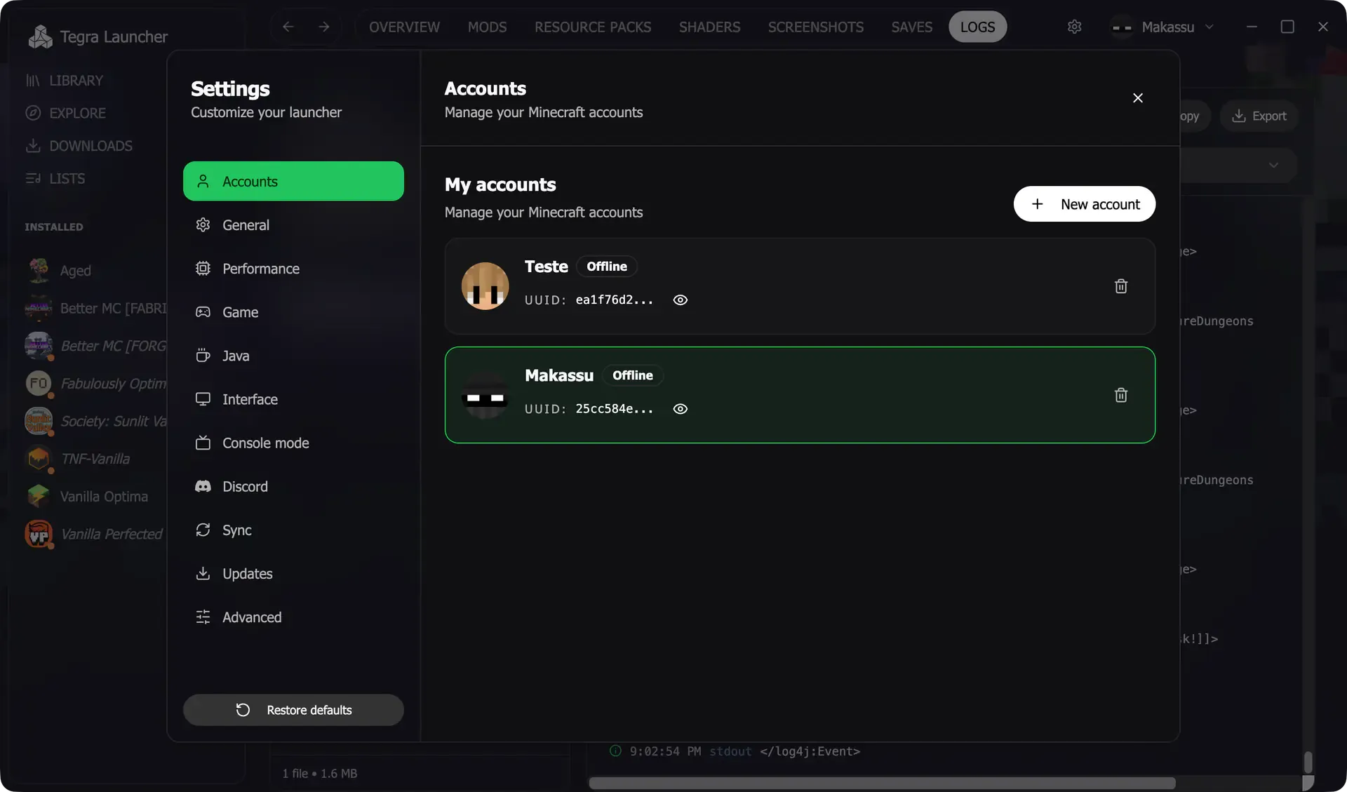 Configurações de Contas com duas contas listadas e o botão New account