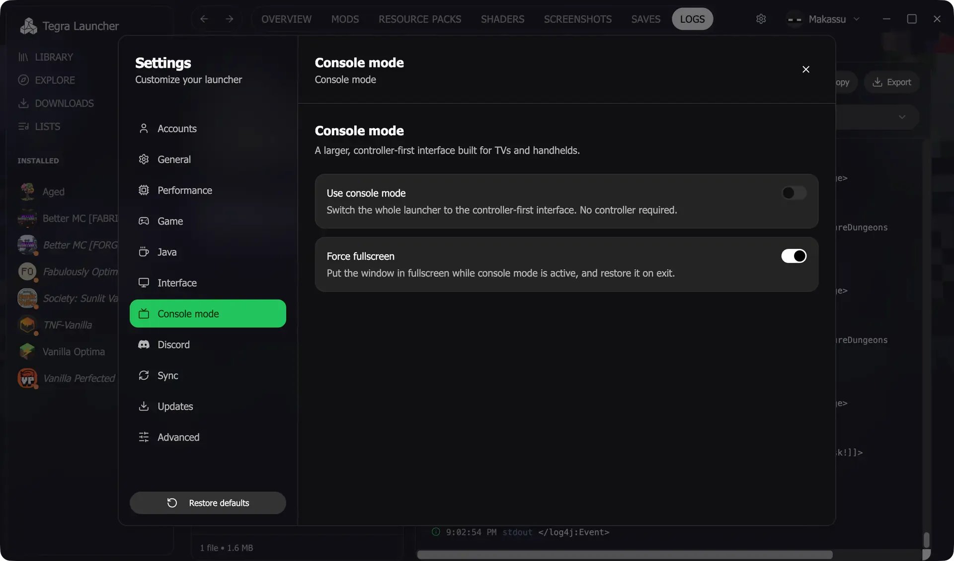 Configurações do modo Console com opções para ativar o modo e forçar tela cheia