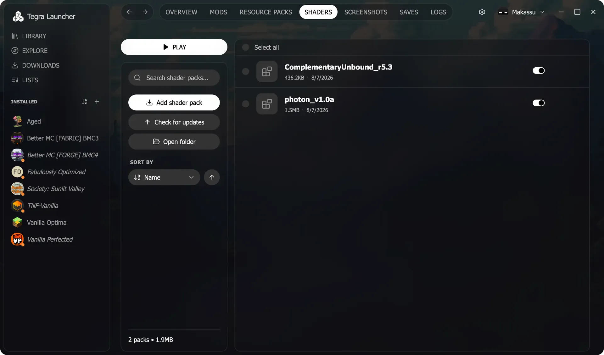 Aba Shaders de uma instância com dois pacotes instalados e seus controles de ativação